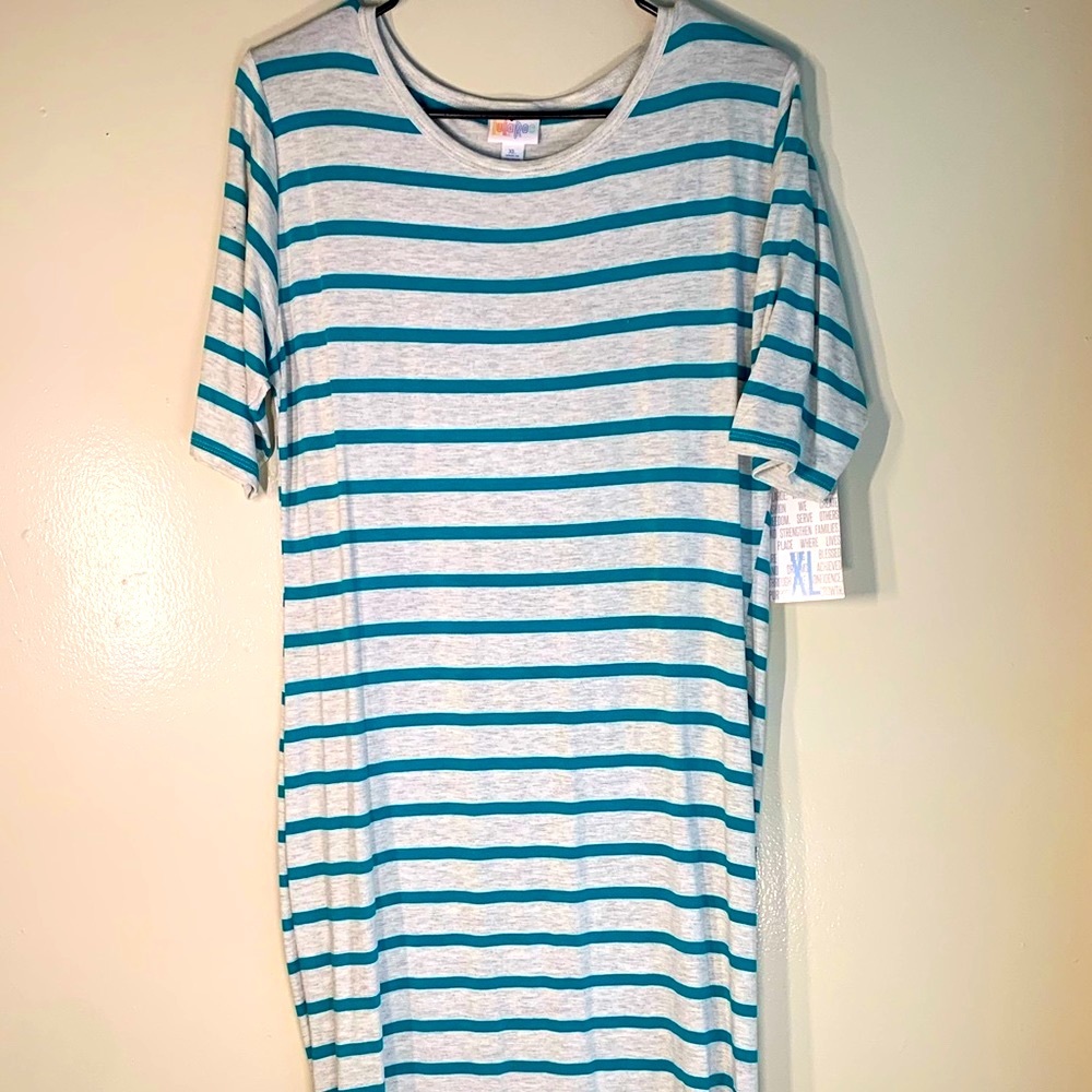 LulaRoe striped teal blue & grey Julia dress